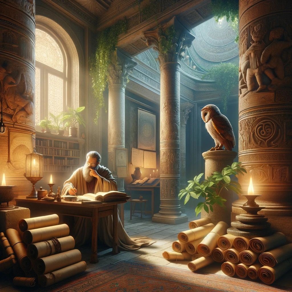 Scholar reading ancient scrolls in a sunlit library with ornate columns and an owl perched nearby.