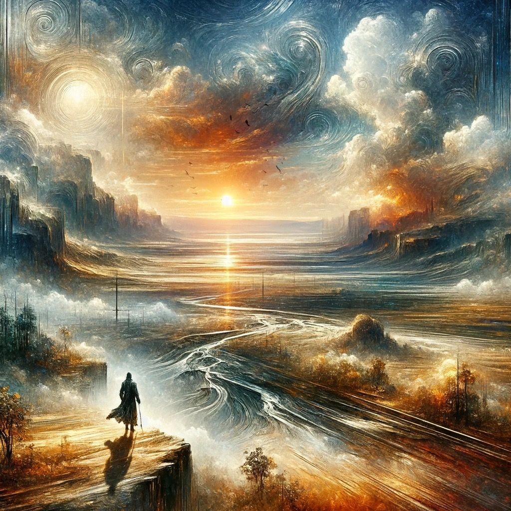 Fantasy landscape with a lone figure on a cliff, overlooking a surreal sunset and swirling clouds.