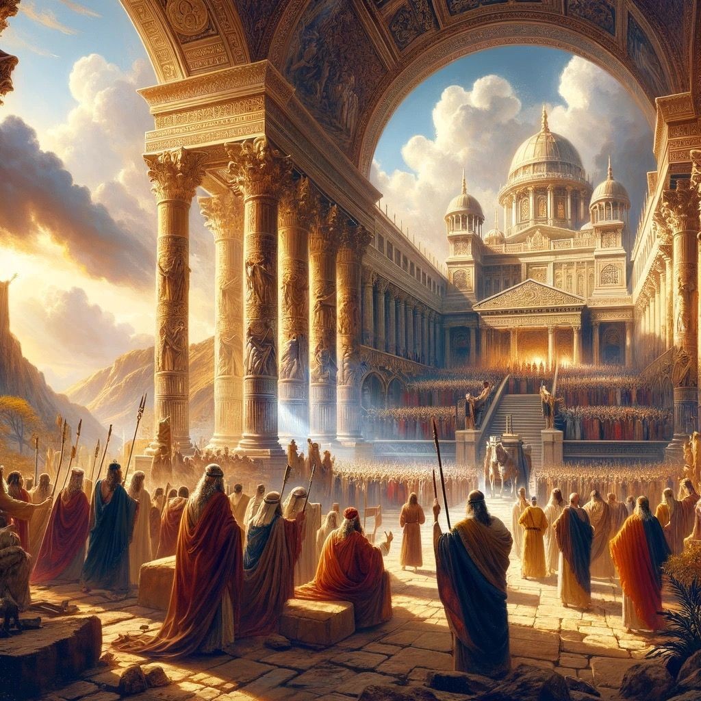 Fantasy scene of an ancient palace with ornate columns and a grand gathering of robed figures.