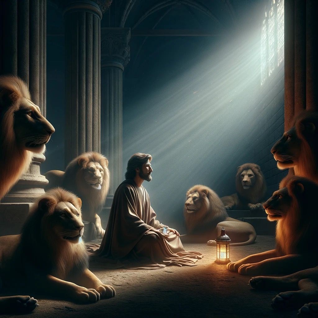 Person sitting in a den surrounded by lions with light shining through a window.