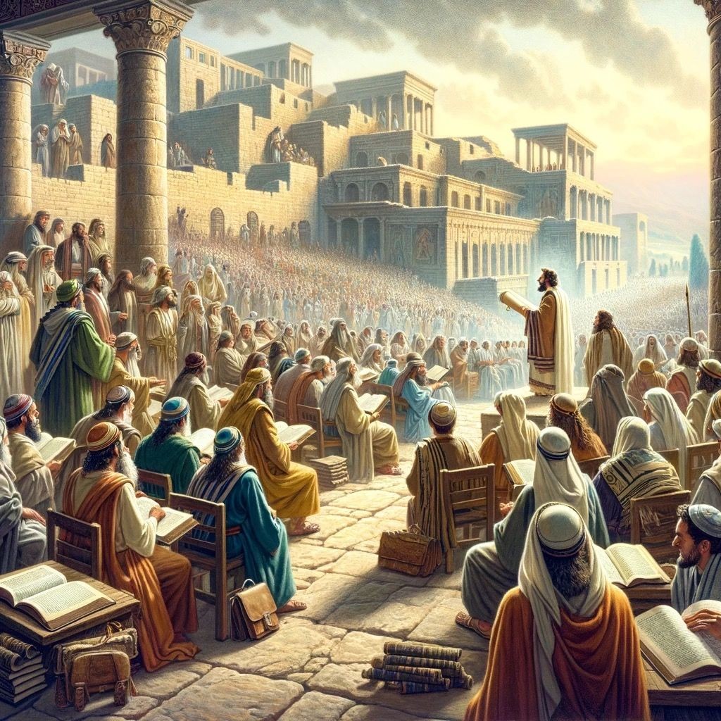 Ancient scene of a man addressing a large crowd in a city with classical architecture.