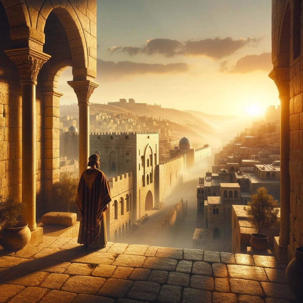 Person in ancient attire overlooking a sunlit, historic cityscape with stone arches and buildings.