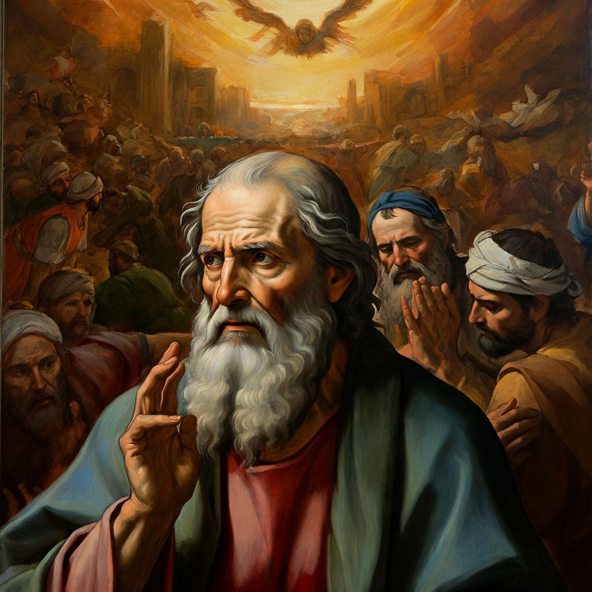 Painting depicting a biblical scene with an angel flying above and several people looking up in awe.