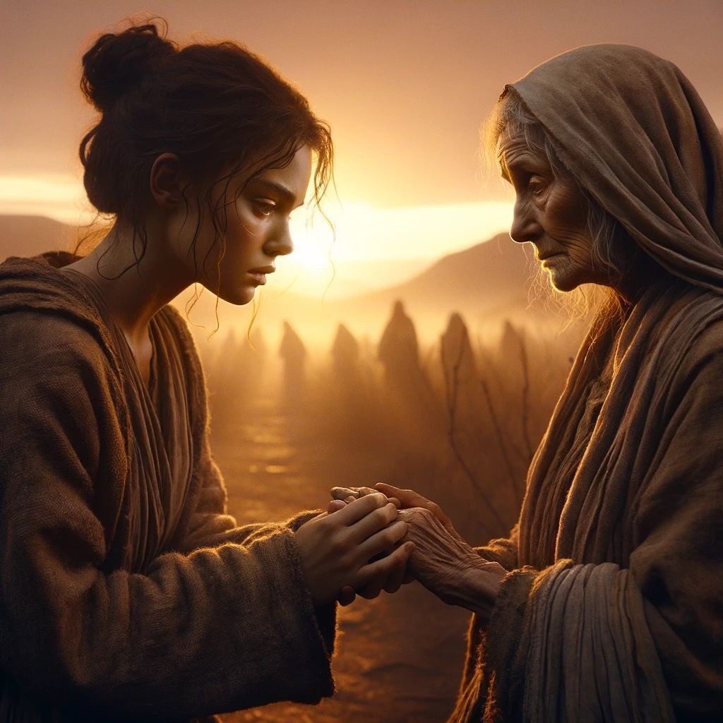 Young woman and elderly woman holding hands at sunset, with hooded figures in the background.