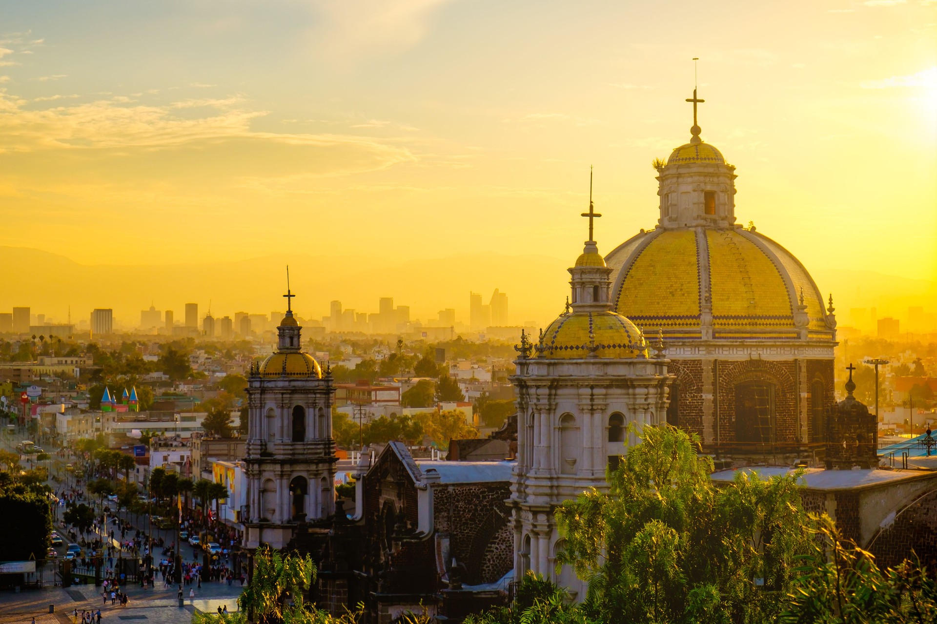 Scenic view at Basilica of Guadalupe with Mexico city skyline